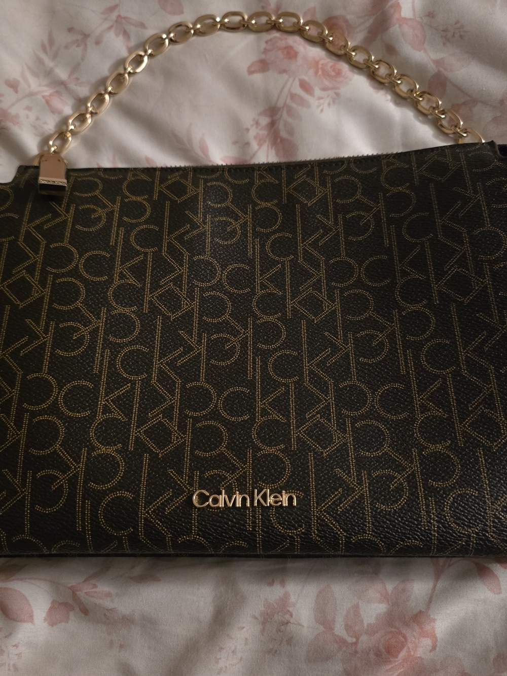 Vintage Calvin Klein Brown Shoulder Bag with Gold Chain and Monogram Print